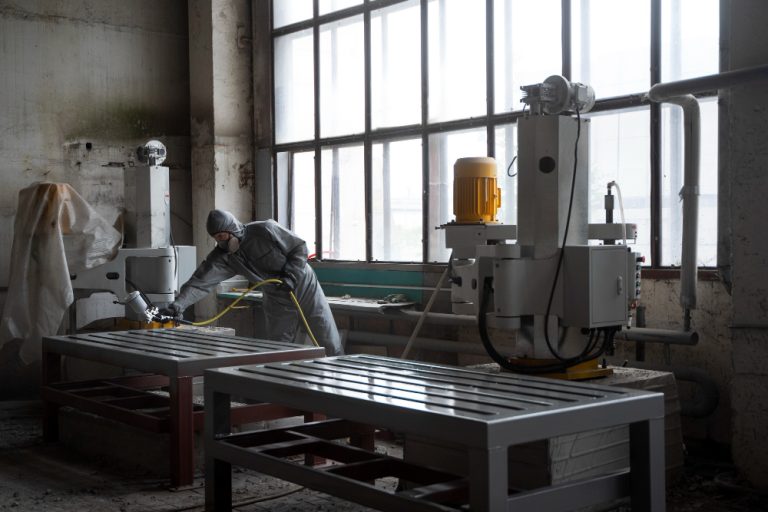 Retrabalho interno da indústria: homem em local de pintura com roupa e equipamento apropriados.