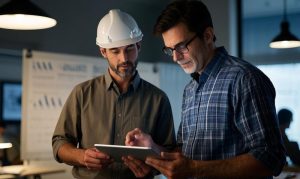 Compra de filtros de alta performance: um engenheiro apresentando dados em um tablet para um executivo.