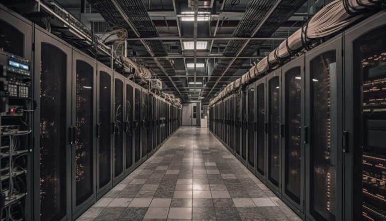 filtro de ar para data center: sala de controle com rack de servidores.