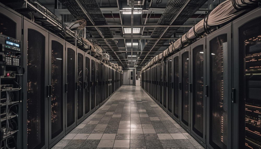 filtro de ar para data center: sala de controle com rack de servidores.